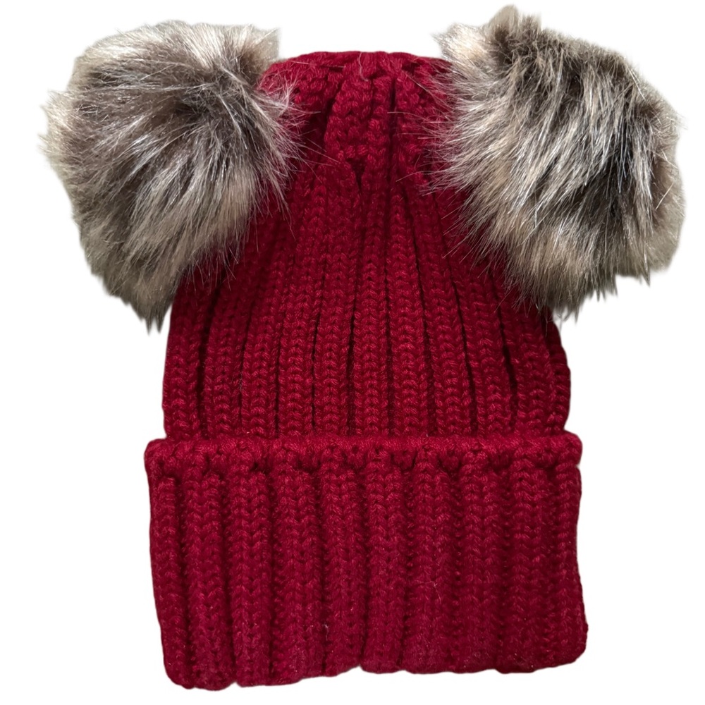 Cozy Red Knit Beanie with Faux Fur Pom Poms